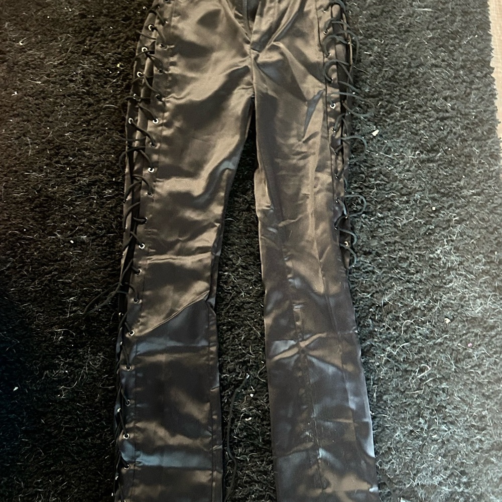 Satin black lace up pants! Size small